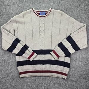 Pendleton Sweater Mens XL Oatmeal Beige Navy Blue Stripe Cable Knit Pullover